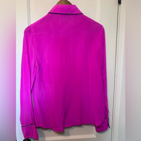 Pink Tartan Bright Pink Collared Button Down Shirt with Black Piping, Flowy - Picture 2 of 8